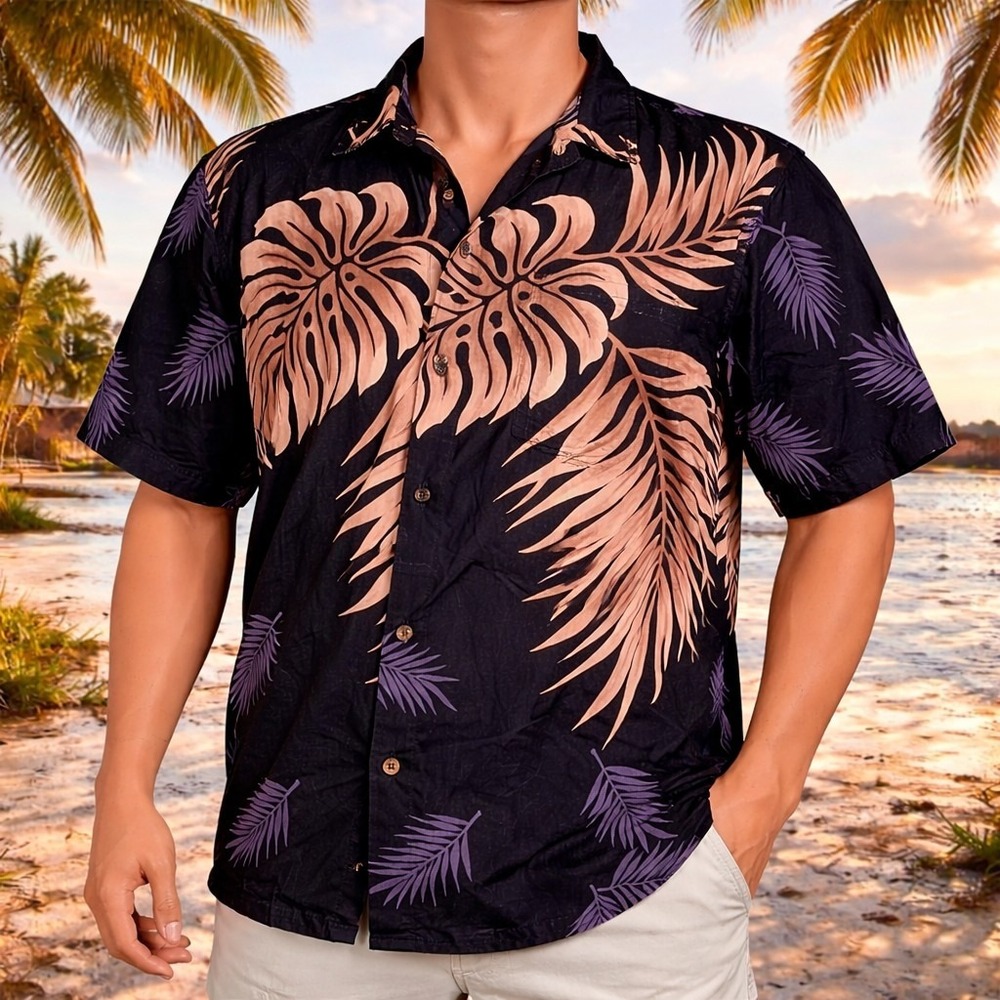 RJC Hawaiian Aloha Shirt Large Floral Tropical LeaF Fronds Leaves Black‎ Brown